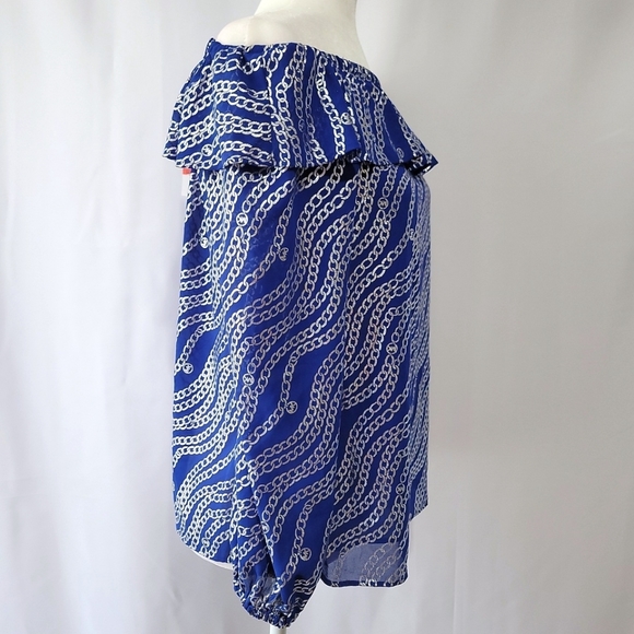 New Michael Kors Women's Blue Chain Print Off Shoulder Top Size Xsmall - Picture 13 of 15
